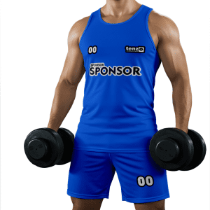 Men gym tank top set with matching workout shorts in purple and white bodybuilding activewear design