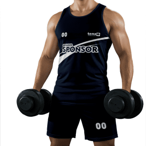 Men gym tank top set with matching workout shorts in purple and white bodybuilding activewear design