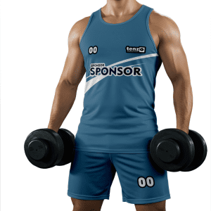 Men gym tank top set with matching workout shorts in purple and white bodybuilding activewear design