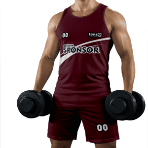 Men gym tank top set with matching workout shorts in purple and white bodybuilding activewear design