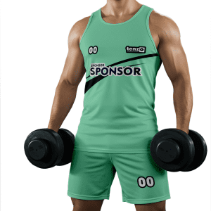 Men gym tank top set with matching workout shorts in purple and white bodybuilding activewear design