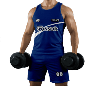 Men gym tank top set with matching workout shorts in purple and white bodybuilding activewear design
