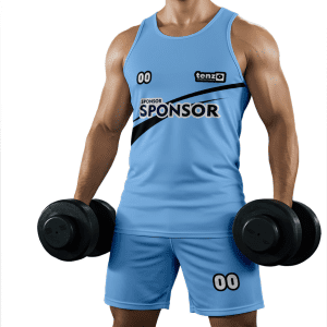 Men gym tank top set with matching workout shorts in purple and white bodybuilding activewear design