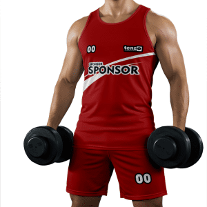 Men gym tank top set with matching workout shorts in purple and white bodybuilding activewear design