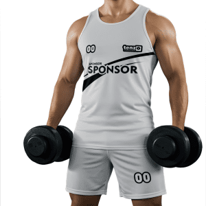 Men gym tank top set with matching workout shorts in purple and white bodybuilding activewear design