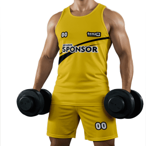 Men gym tank top set with matching workout shorts in purple and white bodybuilding activewear design