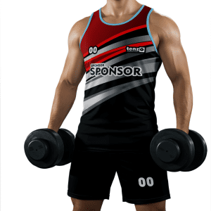 Men gym tank top set with matching workout shorts in purple and white bodybuilding activewear design