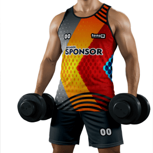 Men gym tank top set with matching workout shorts in purple and white bodybuilding activewear design