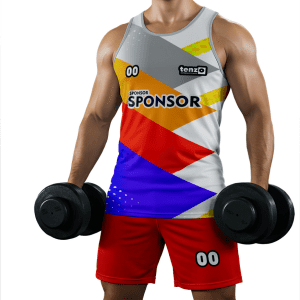 Men gym tank top set with matching workout shorts in purple and white bodybuilding activewear design