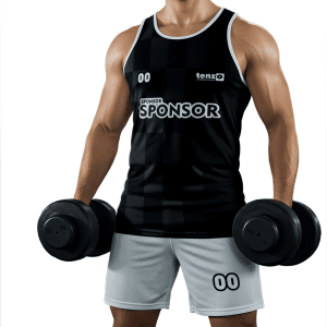 Men gym tank top set with matching workout shorts in purple and white bodybuilding activewear design