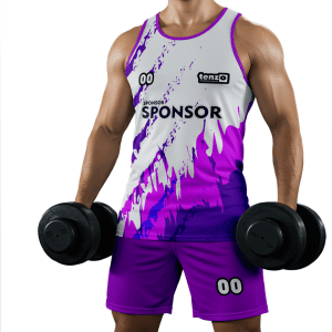 Men gym tank top set with matching workout shorts in purple and white bodybuilding activewear design
