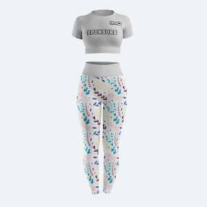 Custom women's seamless crop top and high-waisted leggings gym wear set in taupe with sponsor logo