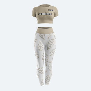 Custom women's seamless crop top and high-waisted leggings gym wear set in taupe with sponsor logo