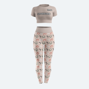 Custom women's seamless crop top and high-waisted leggings gym wear set in taupe with sponsor logo