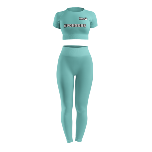 Custom women's seamless crop top and high-waisted leggings gym wear set in taupe with sponsor logo