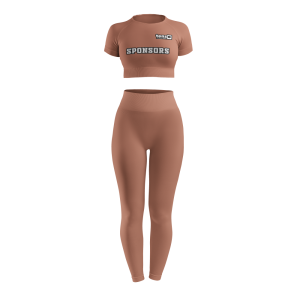 Custom women's seamless crop top and high-waisted leggings gym wear set in taupe with sponsor logo