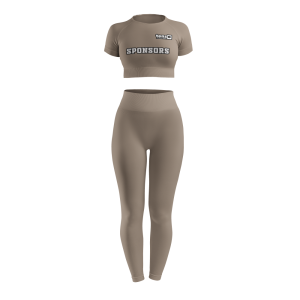Custom women's seamless crop top and high-waisted leggings gym wear set in taupe with sponsor logo