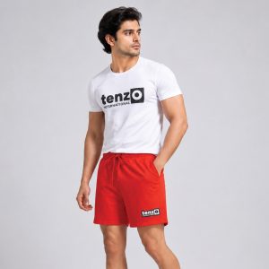 Custom sports shorts with elastic waistband, adjustable drawcord, relaxed athletic fit, and lower-leg branding.