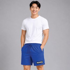 Custom sports shorts with elastic waistband, adjustable drawcord, relaxed athletic fit, and lower-leg branding.