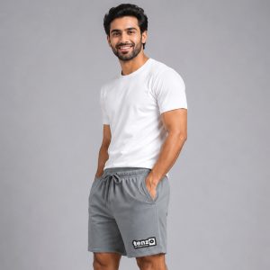Custom sports shorts with elastic waistband, adjustable drawcord, relaxed athletic fit, and lower-leg branding.