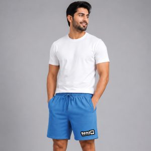 Custom sports shorts with elastic waistband, adjustable drawcord, relaxed athletic fit, and lower-leg branding.