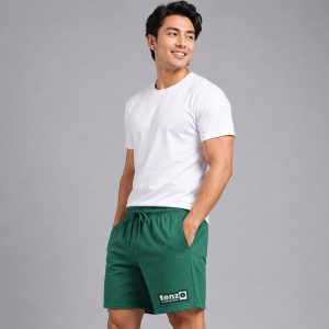 Custom sports shorts with elastic waistband, adjustable drawcord, relaxed athletic fit, and lower-leg branding.