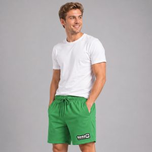 Custom sports shorts with elastic waistband, adjustable drawcord, relaxed athletic fit, and lower-leg branding.