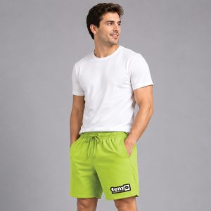 Custom sports shorts with elastic waistband, adjustable drawcord, relaxed athletic fit, and lower-leg branding.