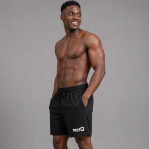 Custom sports shorts with elastic waistband, adjustable drawcord, relaxed athletic fit, and lower-leg branding.