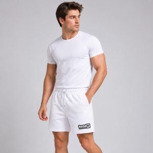 Custom sports shorts with elastic waistband, adjustable drawcord, relaxed athletic fit, and lower-leg branding.