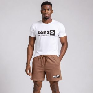 Custom sports shorts with elastic waistband, adjustable drawcord, relaxed athletic fit, and lower-leg branding.