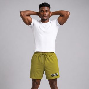 Custom sports shorts with elastic waistband, adjustable drawcord, relaxed athletic fit, and lower-leg branding.