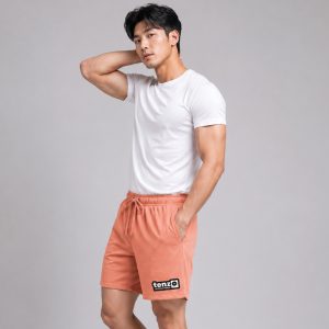 Custom sports shorts with elastic waistband, adjustable drawcord, relaxed athletic fit, and lower-leg branding.