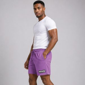 Custom sports shorts with elastic waistband, adjustable drawcord, relaxed athletic fit, and lower-leg branding.