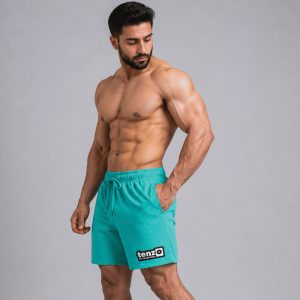 Custom sports shorts with elastic waistband, adjustable drawcord, relaxed athletic fit, and lower-leg branding.