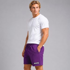 Custom sports shorts with elastic waistband, adjustable drawcord, relaxed athletic fit, and lower-leg branding.