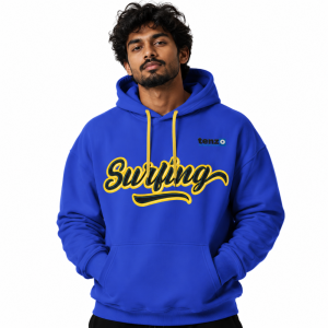 Custom pullover hoodie with integrated hood, long sleeves, kangaroo pocket, ribbed cuffs and hem