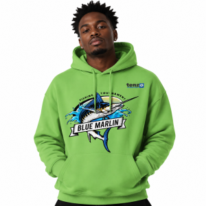Custom pullover hoodie with integrated hood, long sleeves, kangaroo pocket, ribbed cuffs and hem