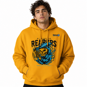 Custom pullover hoodie with integrated hood, long sleeves, kangaroo pocket, ribbed cuffs and hem