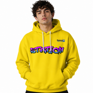 Custom pullover hoodie with integrated hood, long sleeves, kangaroo pocket, ribbed cuffs and hem