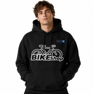 Custom pullover hoodie with integrated hood, long sleeves, kangaroo pocket, ribbed cuffs and hem