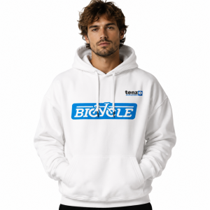 Custom pullover hoodie with integrated hood, long sleeves, kangaroo pocket, ribbed cuffs and hem