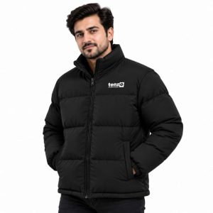 Custom insulated puffer jacket with high collar, full zipper, quilted sections and side pockets