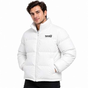 Custom insulated puffer jacket with high collar, full zipper, quilted sections and side pockets