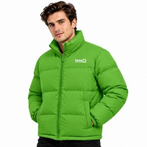 Custom insulated puffer jacket with high collar, full zipper, quilted sections and side pockets