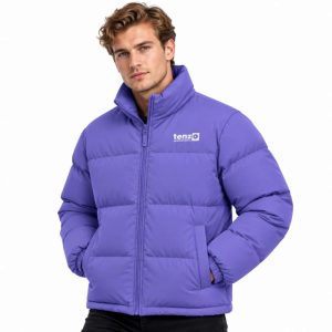 Custom insulated puffer jacket with high collar, full zipper, quilted sections and side pockets