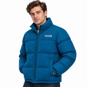 Custom insulated puffer jacket with high collar, full zipper, quilted sections and side pockets