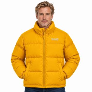 Custom insulated puffer jacket with high collar, full zipper, quilted sections and side pockets