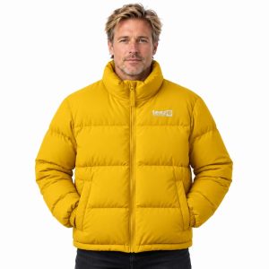 Custom insulated puffer jacket with high collar, full zipper, quilted sections and side pockets