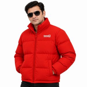 Custom insulated puffer jacket with high collar, full zipper, quilted sections and side pockets